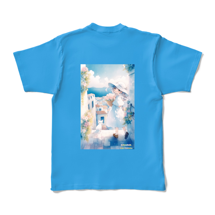 (背面プリント-枠無し) 「海辺の町で」カラーTシャツ - XL - ターコイズ (濃色)