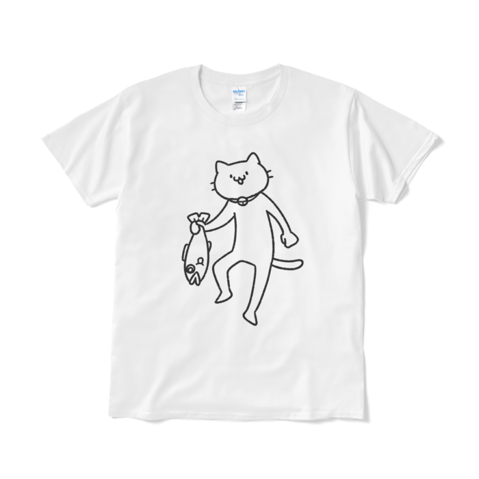 【デカねこ】魚を持ち帰る猫（大プリント／線画）Tシャツ - L - ホワイト