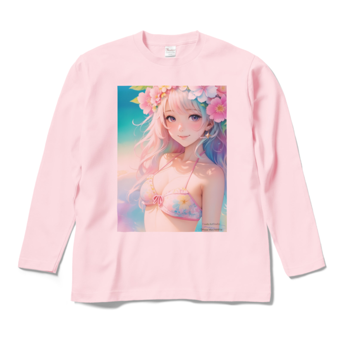 (前面プリント)「夢見る瞳4」長袖カラーTシャツ - M - ライトピンク