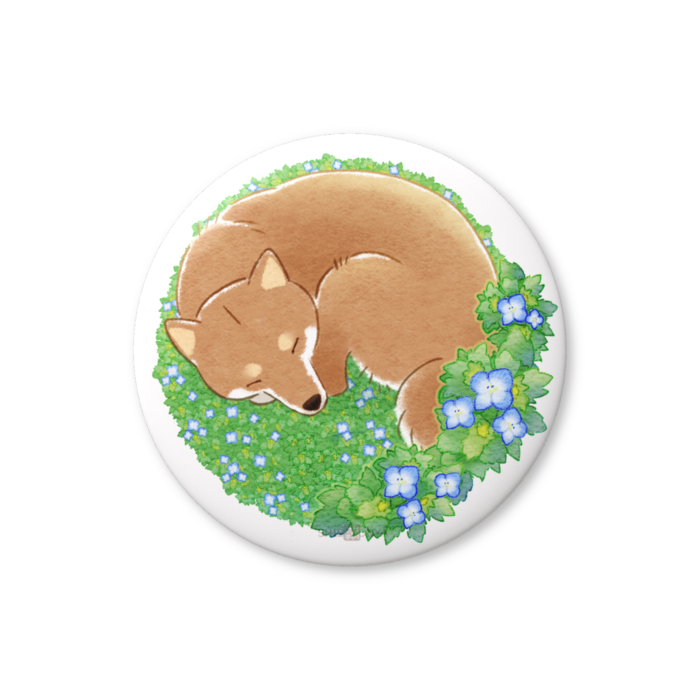 柴犬さんと花便り缶ﾊﾞｯﾁ -瑠璃唐草・弥生(3月)-