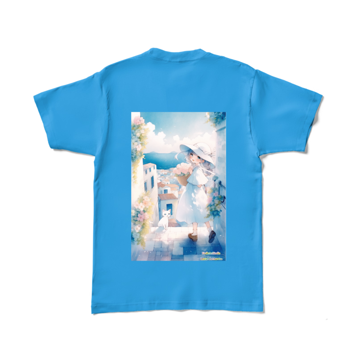 (背面プリント-枠無し) 「海辺の町で」カラーTシャツ - L - ターコイズ (濃色)