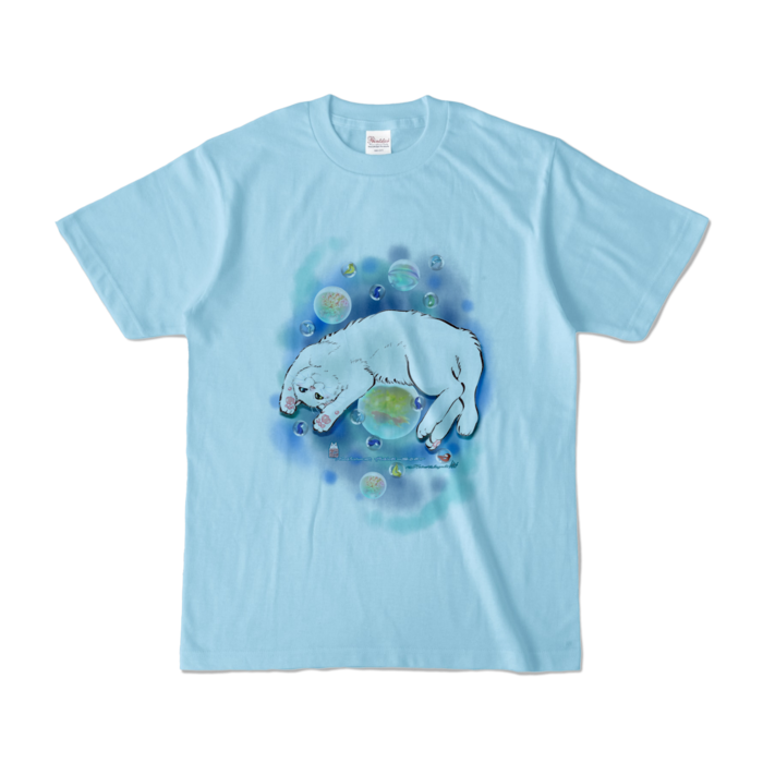 カラーTシャツ-水彩玉と白猫 - S - ライトブルー (淡色)