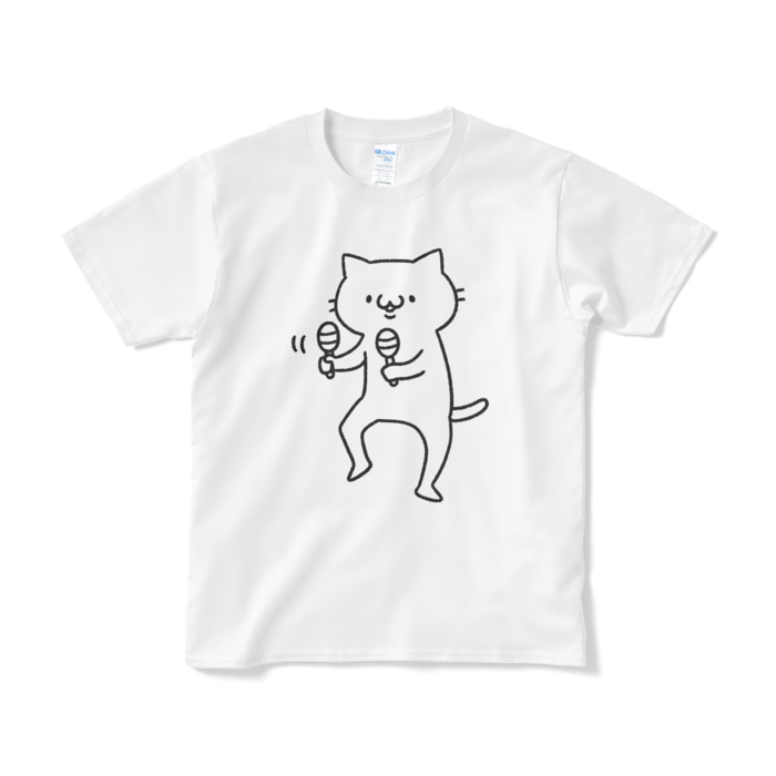 【デカねこ】マラカスねこ（大プリント／線画）Tシャツ - S - ホワイト