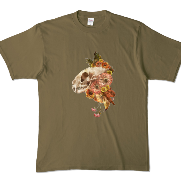猫頭骨Tシャツ- XL - オリーブ (濃色)