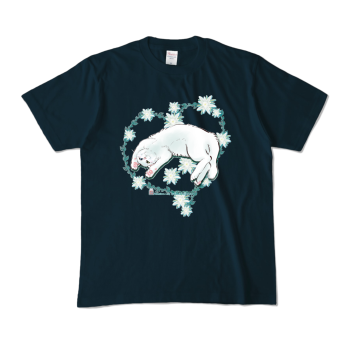 カラーTシャツ-花と蔓とゴロン白猫 - M - ネイビー (濃色)