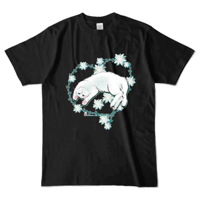 カラーTシャツ-花と蔓とゴロン白猫 - L - ブラック (濃色)