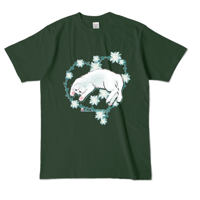 カラーTシャツ-花と蔓とゴロン白猫 - L - フォレスト (濃色)
