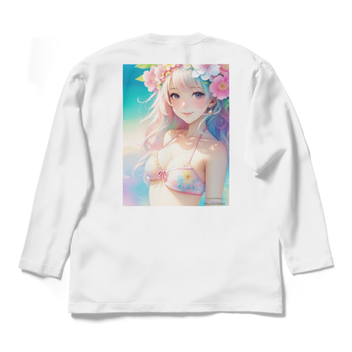 (背面プリント)「夢見る瞳4」長袖カラーTシャツ - L - ホワイト