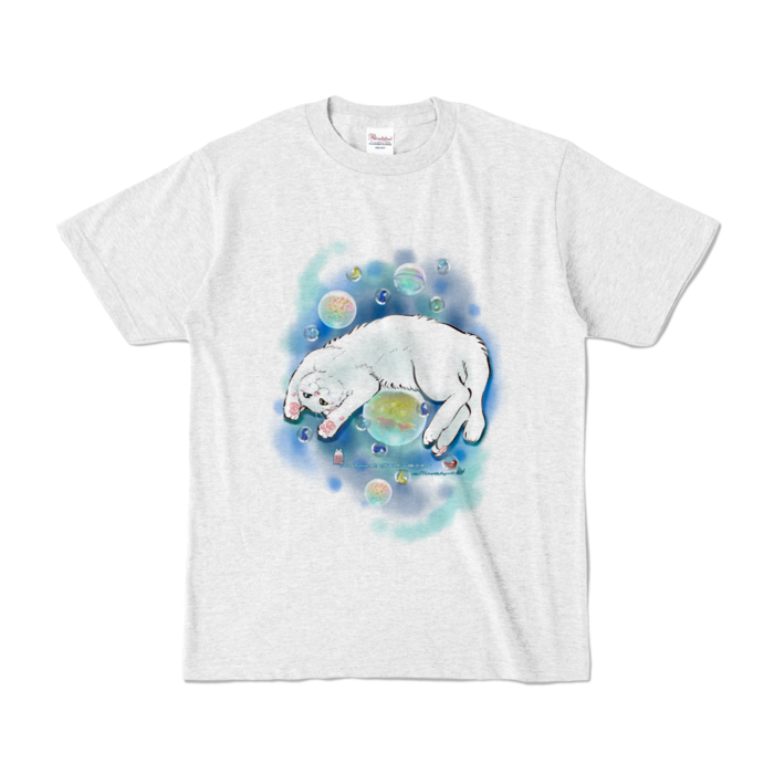 カラーTシャツ-水彩玉と白猫 - S - アッシュ (淡色)