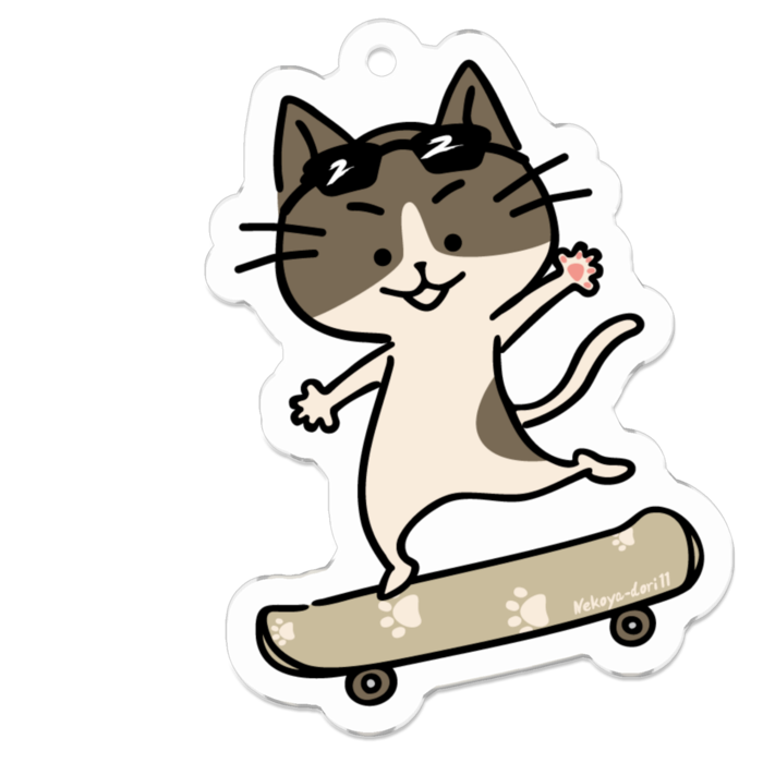 ハチワレネコのアクリルキーホルダー(スケートボード)C - 50 x 50 (mm)(2)