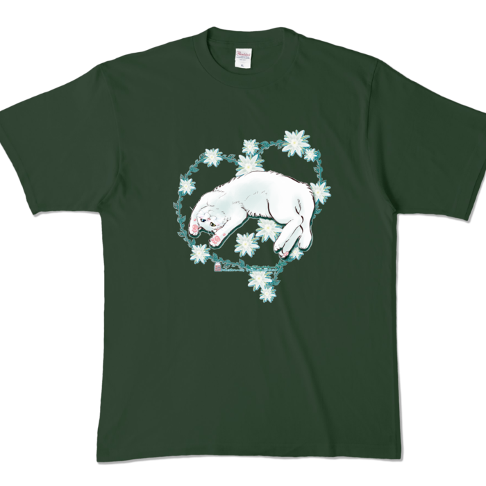 カラーTシャツ-花と蔓とゴロン白猫 - XL - フォレスト (濃色)