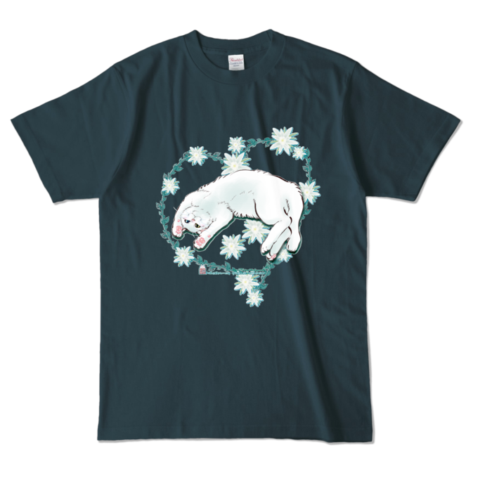 カラーTシャツ-花と蔓とゴロン白猫 - L - デニム (濃色)