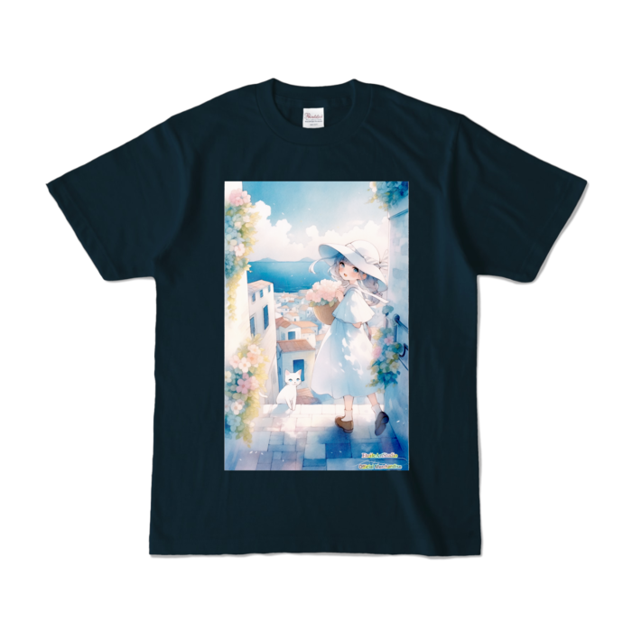 (前面プリント-枠無し) 「海辺の町で」カラーTシャツ - S - ネイビー (濃色)