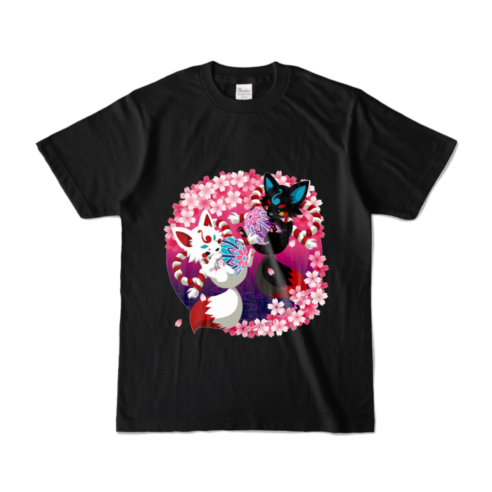 妖狐と桜　カラーTシャツ - S - ブラック (濃色)