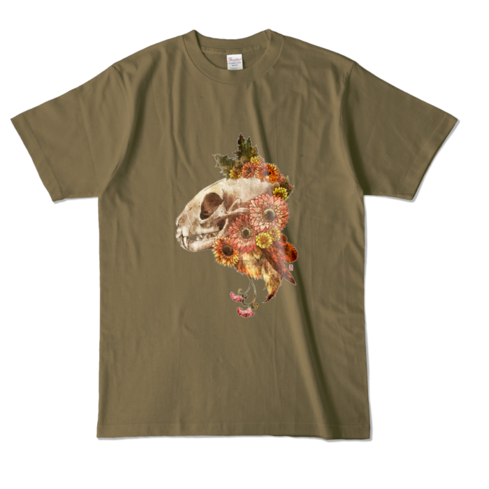 猫頭骨Tシャツ- L - オリーブ (濃色)