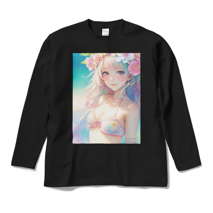 (前面プリント)「夢見る瞳4」長袖カラーTシャツ - M - ブラック