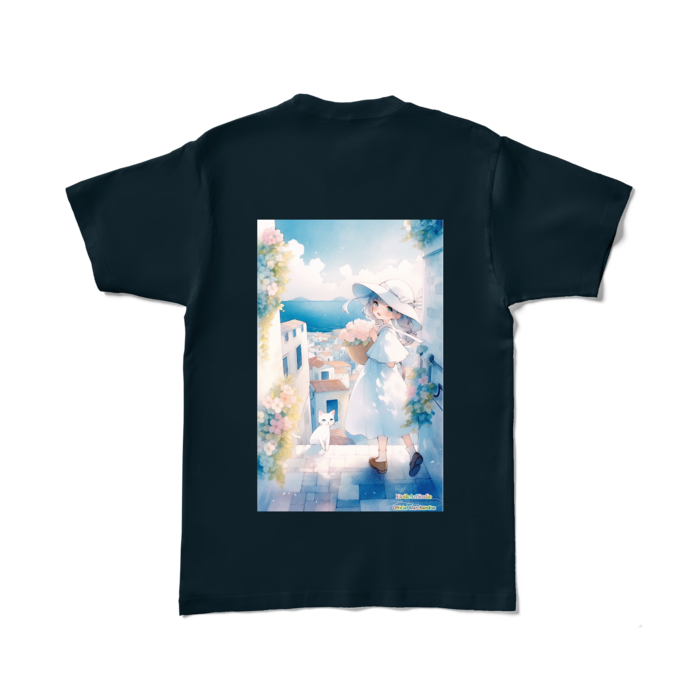 (背面プリント-枠無し) 「海辺の町で」カラーTシャツ - L - ネイビー (濃色)