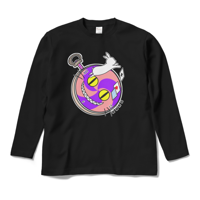 チャシャ猫時計とウサギのロングスリーブTシャツ - M - ブラック