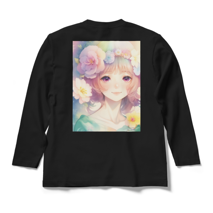 (背面プリント)「夢見る瞳」長袖カラーTシャツ - M - ブラック