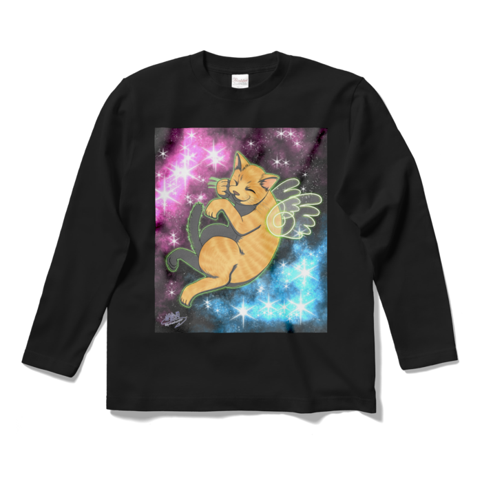 なぜか宇宙ネコ!ロングスリーブTシャツ - S - ブラック