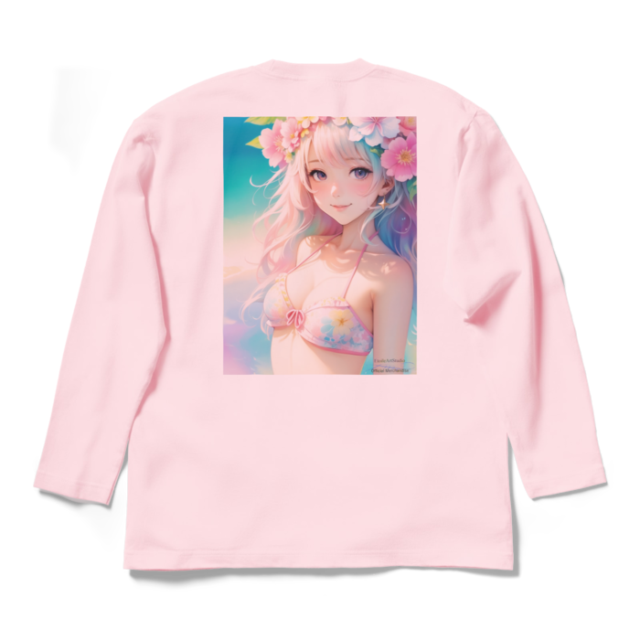 (背面プリント)「夢見る瞳4」長袖カラーTシャツ - L - ライトピンク