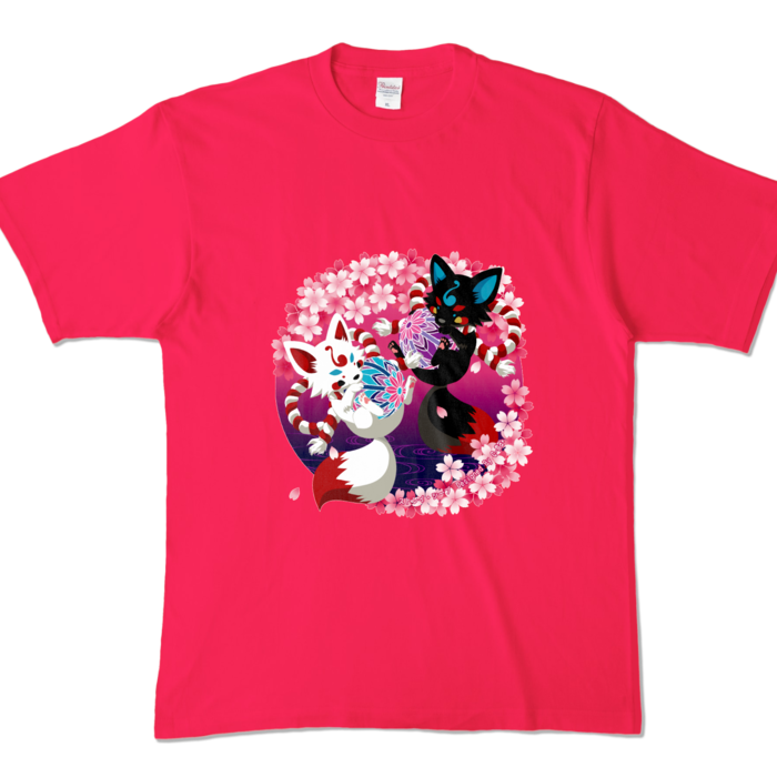 妖狐と桜　カラーTシャツ - XL - ホットピンク (濃色)