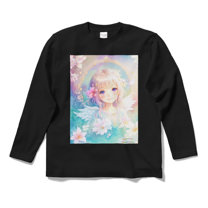 (前面プリント)「夢見る瞳7」長袖カラーTシャツ - S - ブラック
