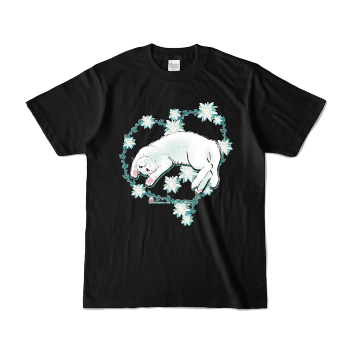 カラーTシャツ-花と蔓とゴロン白猫 - S - ブラック (濃色)