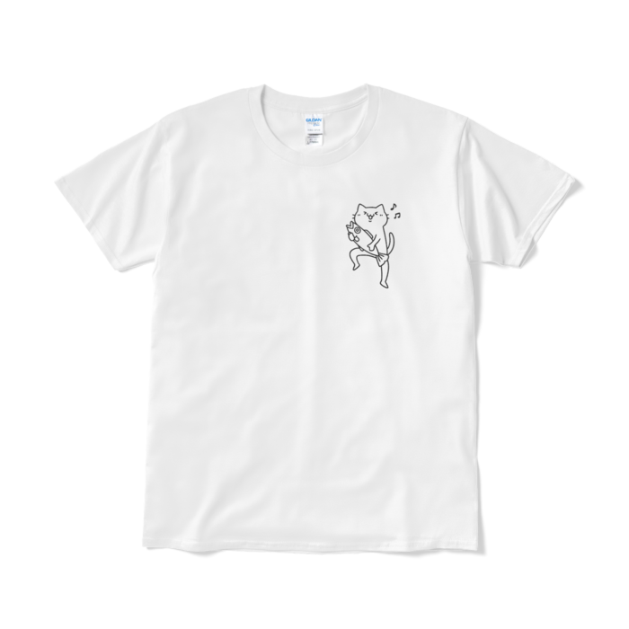 魚をゲットして嬉しい猫（小プリント／線画）Tシャツ - L - ホワイト