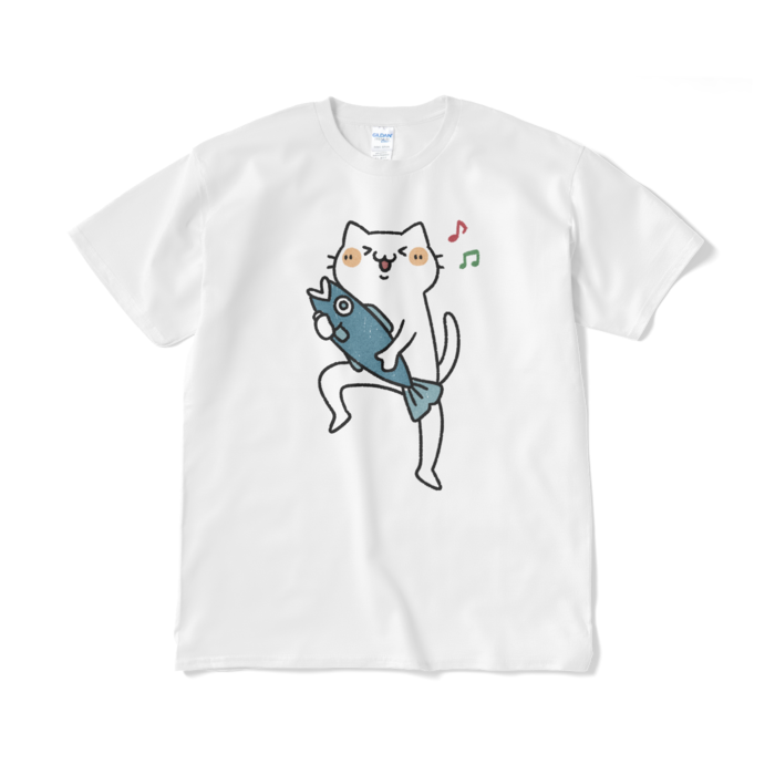 【デカねこ】魚をゲットして嬉しい猫（大プリント／カラー）Tシャツ - XL - ホワイト