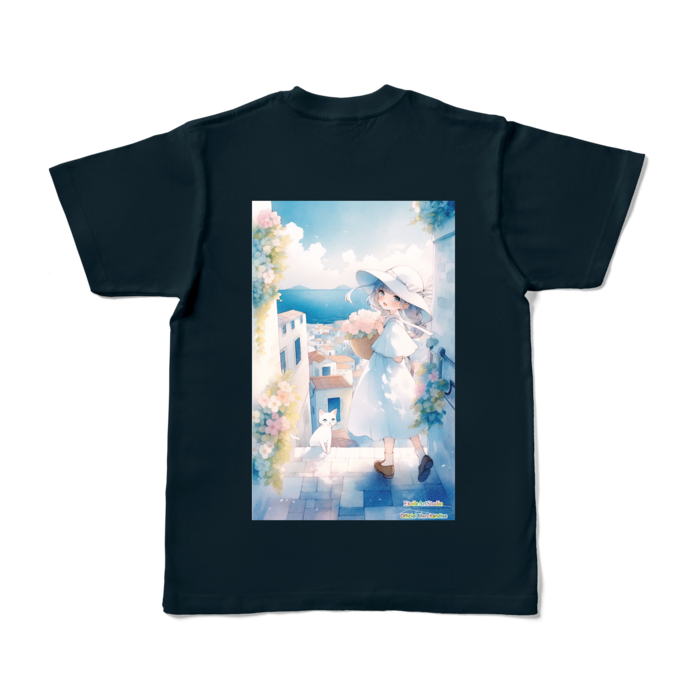 (背面プリント-枠無し) 「海辺の町で」カラーTシャツ - S - ネイビー (濃色)