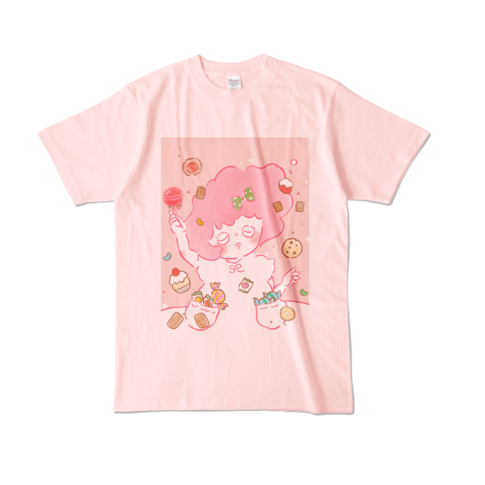 ぽわお菓子ピンクTシャツ - L - ライトピンク