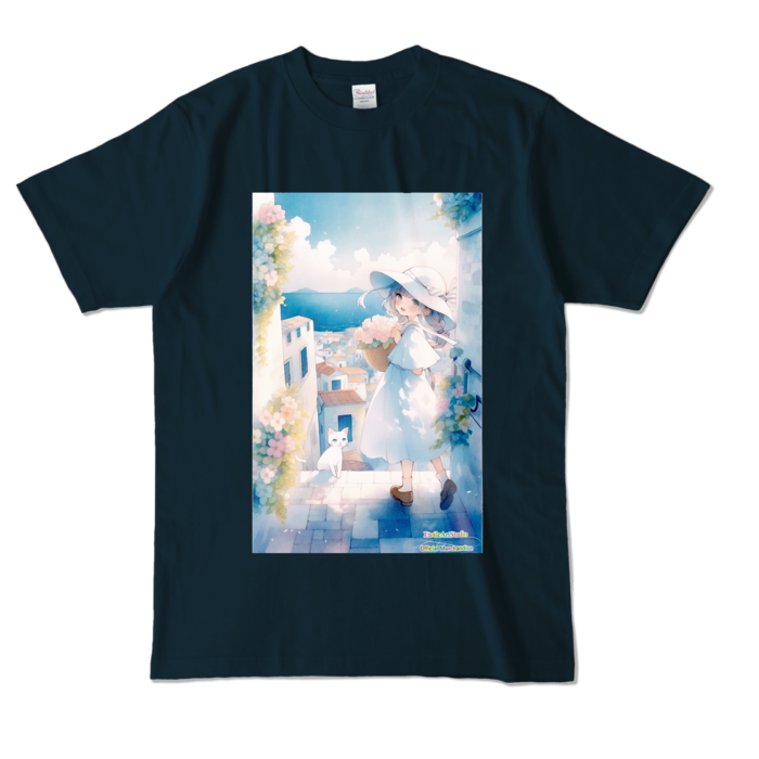 (両面プリント-枠無し) 「海辺の町で」カラーTシャツ - L - ネイビー (濃色)