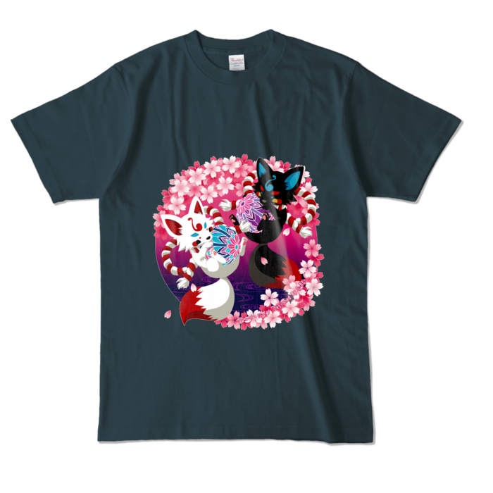 妖狐と桜　カラーTシャツ - L - デニム (濃色)