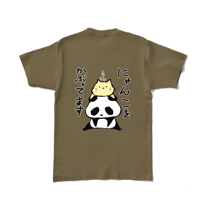 「にゃんこをかぶってます」カラーTシャツ - L - オリーブ (濃色)