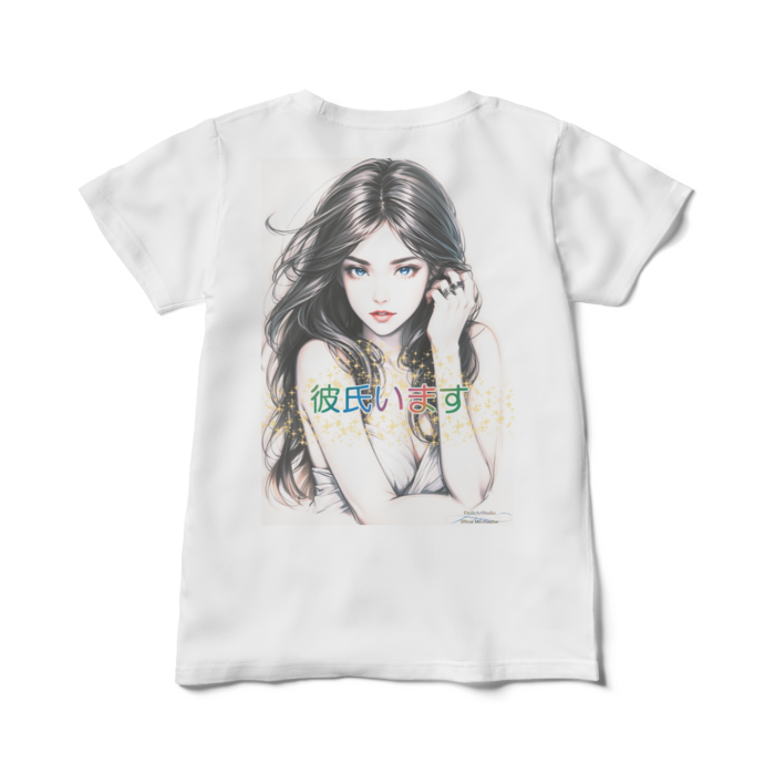 (背面プリント)男よけナンパ除けTシャツ「彼氏います」Elegant Woman レディースTシャツ - L(製品への表記はWL) - 白