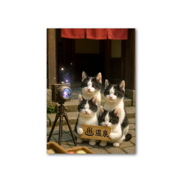 記念写真を撮る白黒猫たち　フォト風カード - 縦 - 片面(5)