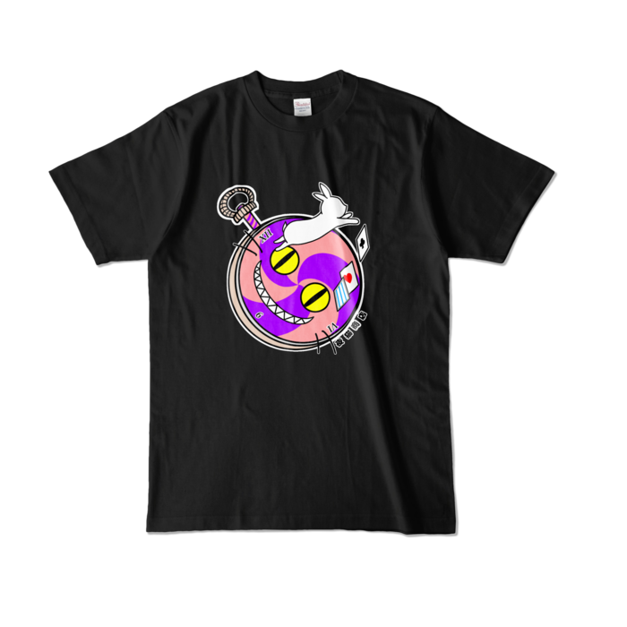 チャシャ猫時計とウサギ Tシャツ - L - ブラック