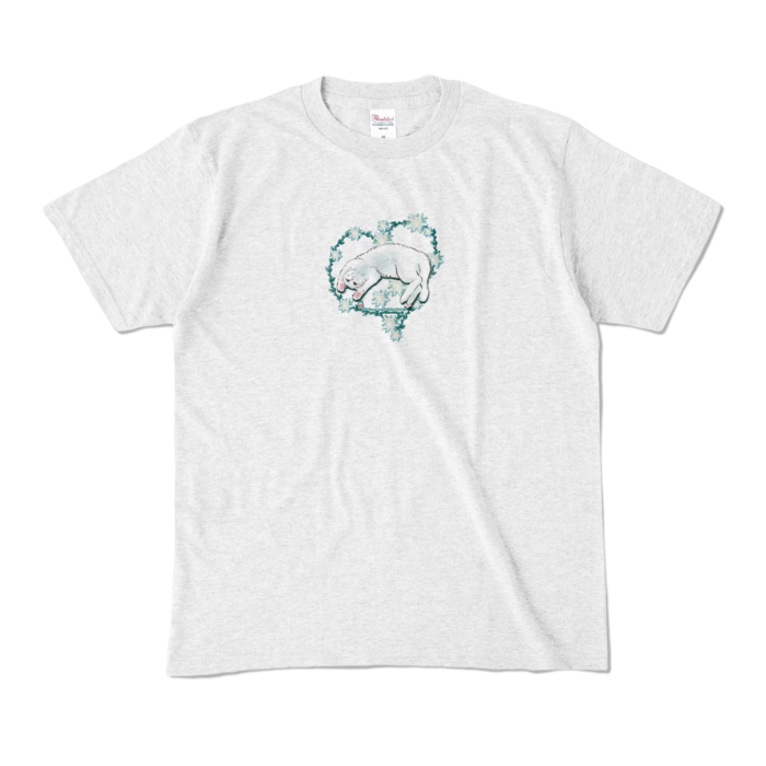 カラーTシャツ-花と水彩玉とゴロン白猫 - M - アッシュ (淡色)