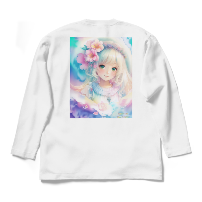 (背面プリント)「夢見る瞳8」長袖カラーTシャツ - L - ホワイト