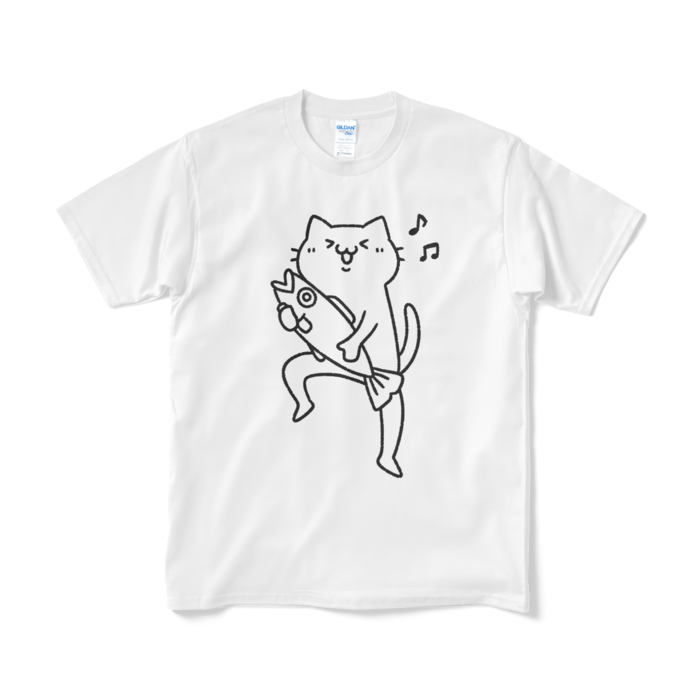 【デカねこ】魚をゲットして嬉しい猫（大プリント／線画）Tシャツ - M - ホワイト