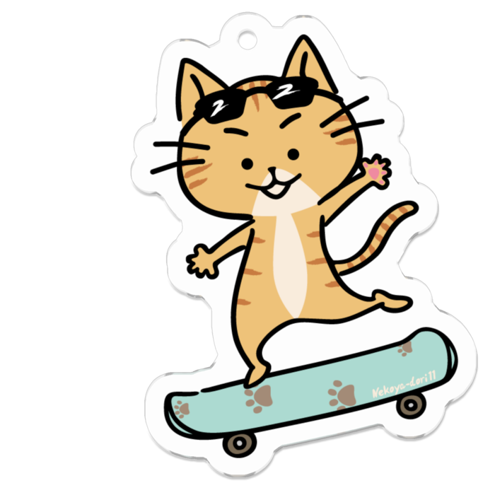 茶トラネコのアクリルキーホルダー(スケートボード)B - 50 x 50 (mm)(1)