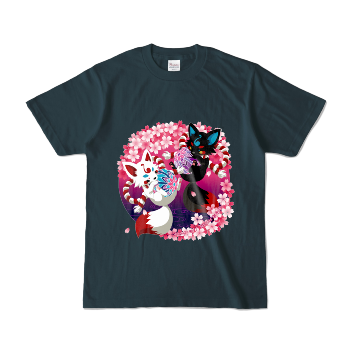 妖狐と桜　カラーTシャツ - S - デニム (濃色)