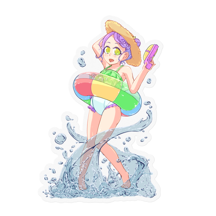 麦わら帽子＆浮き輪ステッカー - 100 x 100 (mm)