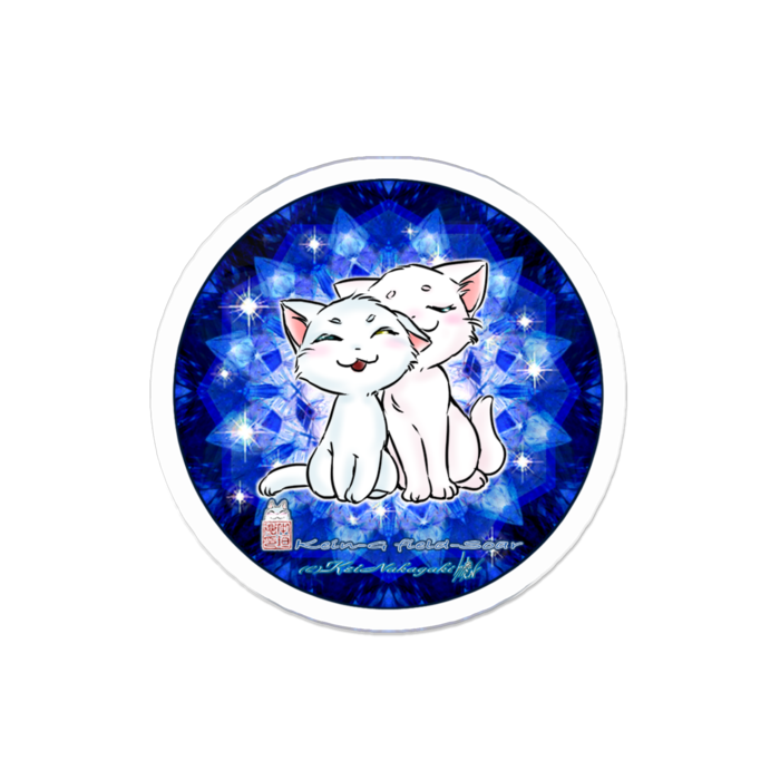 アクリルバッジ - 50mm x 50mm-青いステンドグラスとくっつき猫