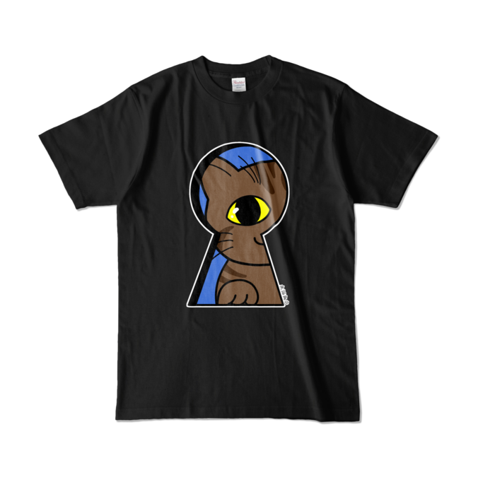 覗く猫B☆青 Tシャツ - L - ブラック
