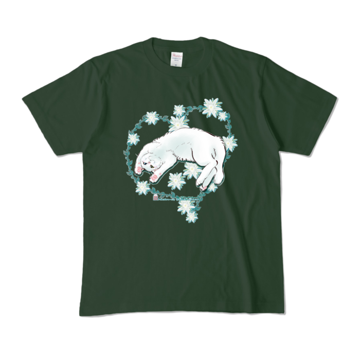カラーTシャツ-花と蔓とゴロン白猫 - M - フォレスト (濃色)
