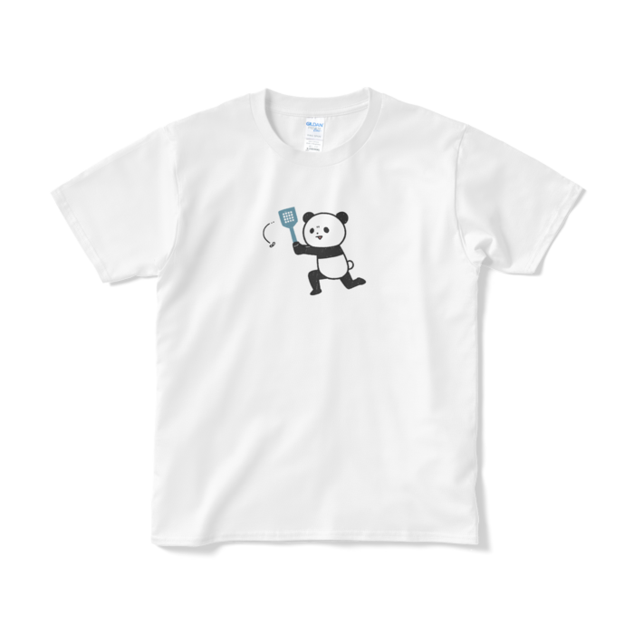 ハエを追い回すパンダ（小プリント／カラー）Tシャツ - S - ホワイト