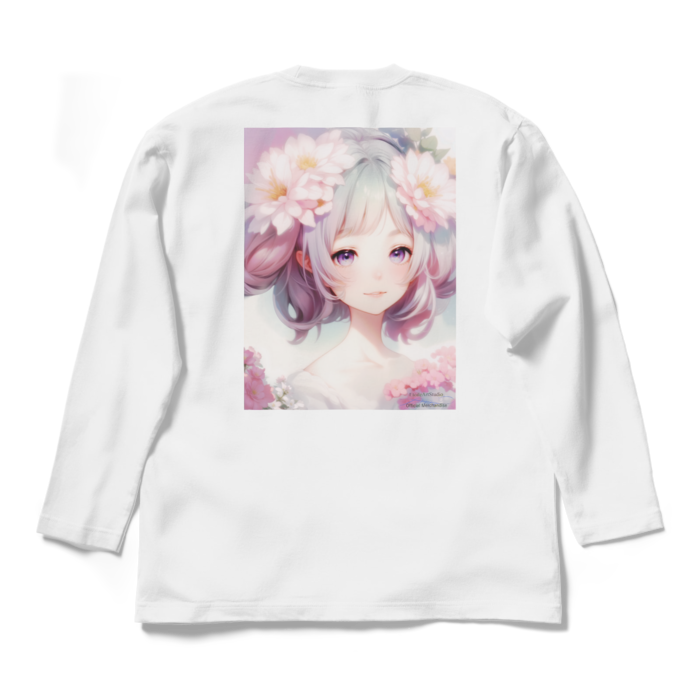 (背面プリント)「夢見る瞳3」長袖カラーTシャツ - L - ホワイト