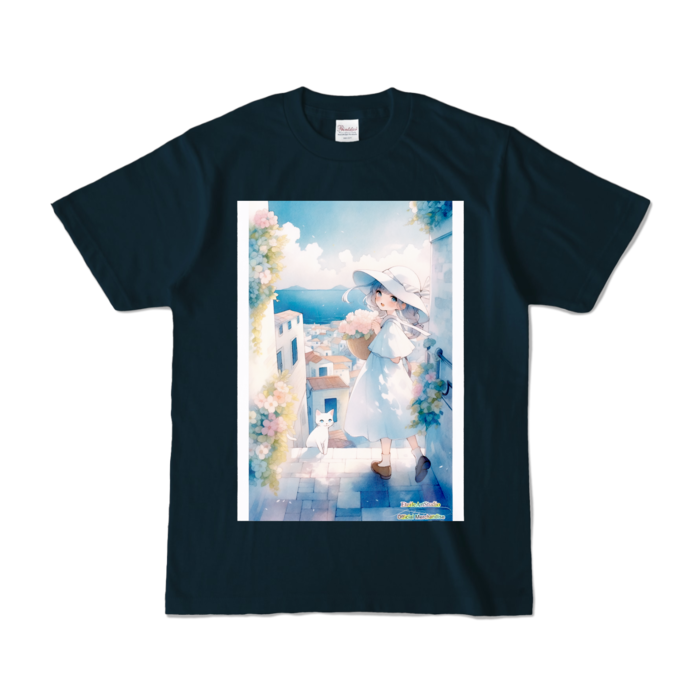 (前面プリント-枠有り) 「海辺の町で」カラーTシャツ - S - ネイビー (濃色)